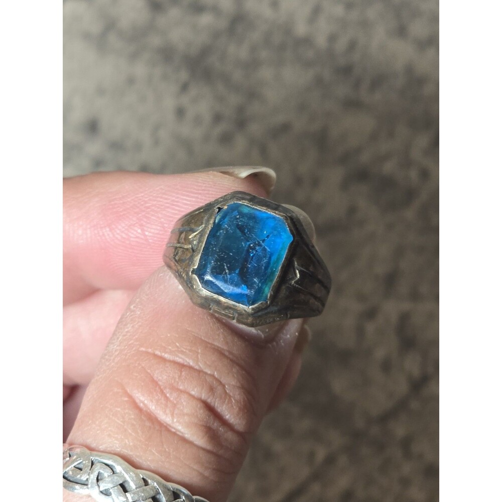 Silver Womens Ring, Blue Aquamarine Square Stone Antique Handmade Jewelry Sz 6